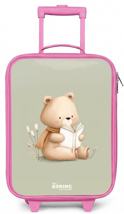 NoBoringSuitcases.com® - Kinderkoffer roze - Kindertrolley meisje - Een bruine beer met een boek - Groen - Koffer kind lichtgewicht - Reiskoffer trolley voor kinderen - Koffertje met lichtgevende wieltjes - Rolkoffer