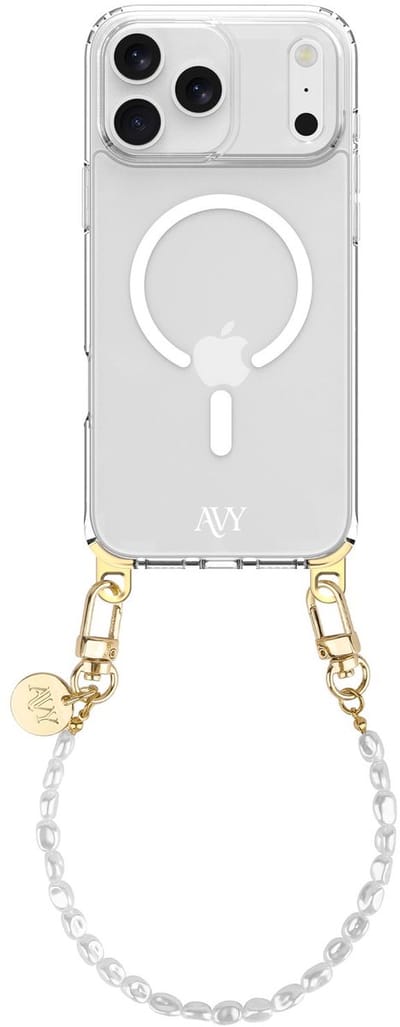 AVY Hoesje geschikt voor Apple iPhone 17 Pro Max | Compatibel met MagSafe | Clear Case met Telefoonkoord 30CM | Polsband Perla Chic