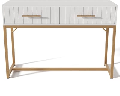 HOMCOM Modern - Make-uptafel met 2 Laden - Gouden Handgrepen & Metalen Voet - Geribbeld Design - Wit 100x75x45 cm