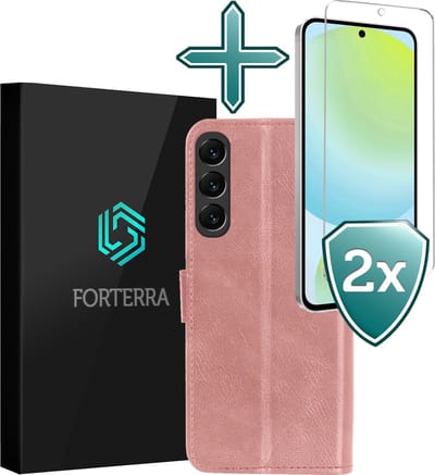 Hoesje Met 2x Screenprotector - Geschikt voor Samsung Galaxy S24 FE - Luxe Pasjeshouder - Flip Case - Bookcase Portemonee - Kunstleer Book Case - Flipcase Hoes - Book Cover - Walletcase - Portemonneehoes - Rosé goud