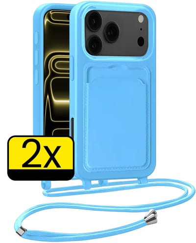 Hoesje Geschikt voor iPhone 17 Pro Telefoonhoesje Met Koord Case Pashouder Siliconen - Hoes Geschikt voor iPhone 17 Pro Hoesje Met Kaarthouder - Lichtblauw - 2 Stuks