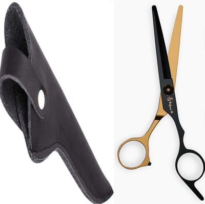 Professor Q Uitdunschaar – Contourschaar voor Honden – Professionele Trimschaar – Zwart/Goud – Inclusief Luxe Lederen Etui – 16,5 cm – Zwart