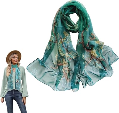Lichte bloemenprint chiffon sjaal voor dames, elegante sjaals en wraps, ideaal voor elke gelegenheid, Groen, One Size