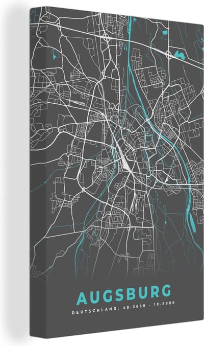 Canvas Schilderij Stadskaart – Kaart – Augsburg – Blauw – Duitsland – Plattegrond - 20x30 cm - Wanddecoratie