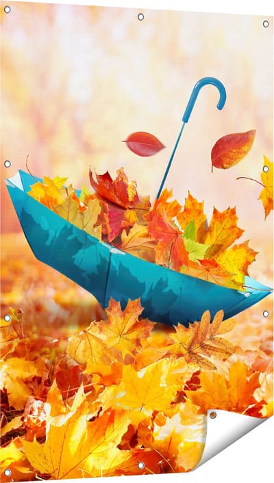 Gards Tuinposter Blauwe Paraplu in de Herfstbos met Bladeren - 80x120 cm - Tuindoek - Tuindecoratie - Wanddecoratie buiten - Tuinschilderij