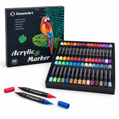 Acrylmarkers - 60 kleuren, uitvoering B - In lagen aan te brengen, watervast en sneldrogend - Dubbelzijdig met ronde punt voor tekenen - Basisverpakking