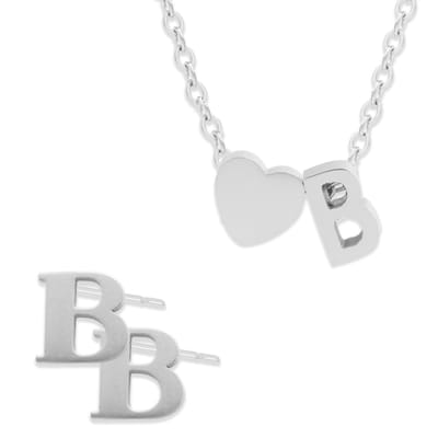 Initiaal Ketting & Oorbellen set met Letter B ZIlverkleurig - Stainless Steel - Met letter & Hartje! - 2x Sieraden Cadeau - Pax Amare