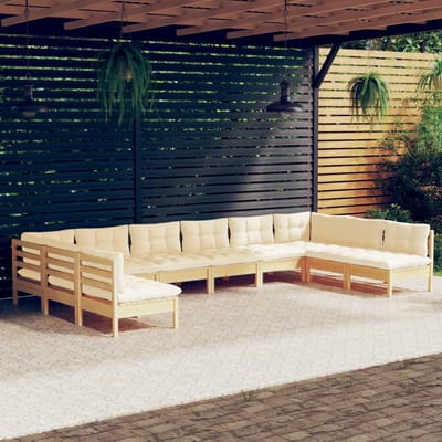 vidaXL - 10-delige - Loungeset - met - crèmekleurige - kussens - grenenhout