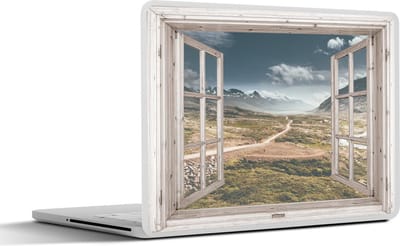 Laptop sticker - 10.1 inch - Doorkijk - Berg - Hout - 25x18cm - Laptopstickers - Laptop skin - Cover