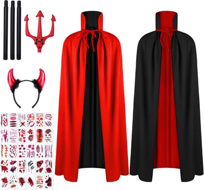 Zwarte en Rode Cape met Kap, Dubbelzijdig met Vampiertanden voor Halloween, Carnaval en Kerst, 150 cm, 90 cm