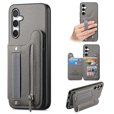 Telefoonhoesje geschikt voor Samsung Galaxy A57 5G - grijs - hoesje met rits en pasjeshouder - portemonnee wallet back case hoesje met rits - telefoonhoesje - back case