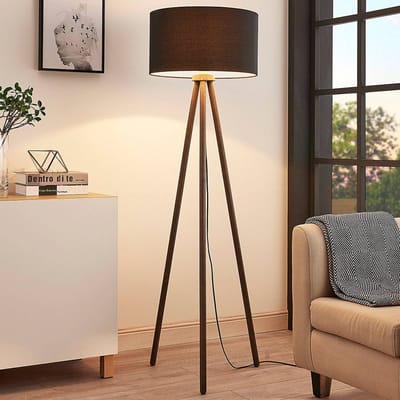 Lindby - vloerlamp hout- Driepoot - - 1licht - rubberboomhout, textiel - H: 148 cm - E27 - donkergrijs, zwart