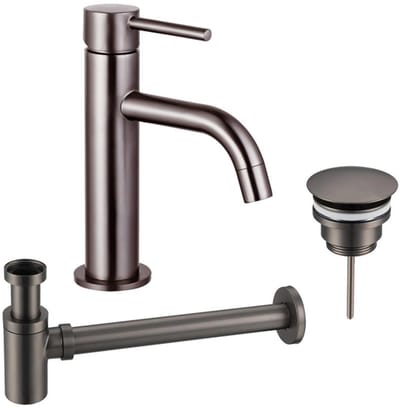 FugaFlow Eccelente Sobrado Badkamer Slim Wastafelkraanset - lage wastafelkraan - always open plug - verlaagde design sifon - PVD Gepolijst Gunmetal