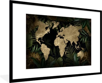 Poster in lijst - Fotolijst 90x60 cm - Posters - Wereldkaart - Vintage - Tropische Planten - Posterlijst zwart - Decoratie - Wanddecoratie woonkamer - Muurdecoratie slaapkamer
