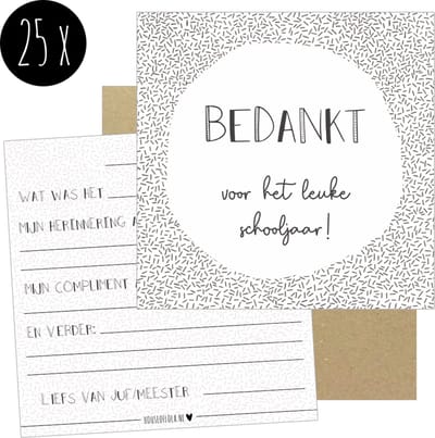 25x Kaartje van juf of meester voor leerlingen | einde schooljaar / bedankt / afscheid | met kraft enveloppen