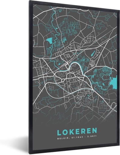 Fotolijst incl. Poster - Stadskaart – Grijs - Kaart – Lokeren – België – Plattegrond - 40x60 cm - Posterlijst