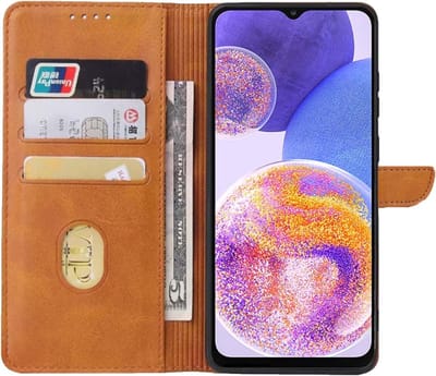 Geschikt voor Samsung Galaxy A23 Telefoonhoesje Kunstleer met Magnetisch lipje en Pasjeshouder Book Case met Klepje - Bruin - Smartphonica geschikt voor Samsung Galaxy A23