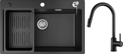 CECIPA max Granieten Spoelbak Keuken 70x45cm Zwart - Grantien Spoelbakken met Keukenkraan Met Uittrekbare Uitloop - Enkele spoelbak met afdruiprek -Spoelbakken met Afdruip -