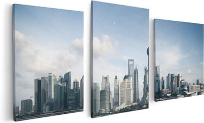 Artaza Canvas Schilderij Drieluik Shanghai Skyline in China - 120x60 - Foto Op Canvas - Canvas Print