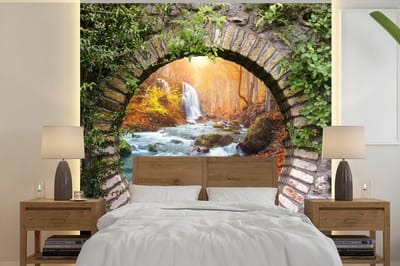 Behang - Fotobehang Herfst - Waterval - Natuur - Doorkijk - Breedte 240 cm x hoogte 240 cm