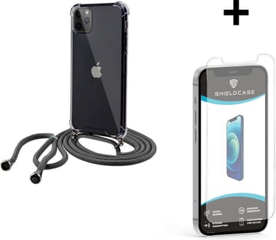 ShieldCase Shock hoesje met zwart koord geschikt voor Apple iPhone 12 / 12 Pro - 6.1 inch + glazen Screen Protector - Telefoonhoesje met koord - Backcover hoesje met koord - transparant / zwart