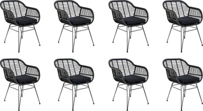 QUVIO Fauteuil tuinstoel Jade - Eetkamerstoelen - Eetkamerstoel - Zwarte tuinstoel - Met kussen - Staal - PE rattan - Zwart - Set van 8