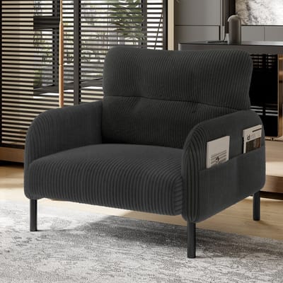DESMIU Fauteuil 67 x 75 x 79 Cm - Comfortabele Diepe Zitting Met Zijvakken - Voor Woonkamer Slaapkamer En Kantoor - Cord Grijs