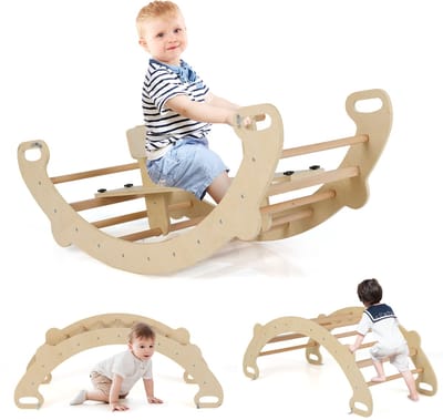 COSTWAY Klimboog, met afneembare zitting, 4-in-1 klimrek voor binnen, om te schommelen, klimmen en kruipen, klimdriehoek hout, boogwip voor kinderen vanaf 1 jaar, zithoogte 23,5 cm (natuur)