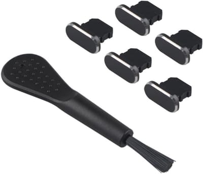 Set van 5 Anti-Stof Doppen voor Lightning Oplaadpoort met Reinigingsborstel - Bescherming voor iPhone en iPad, Geschikt voor iPhone 14, 13, 12, 11, X, XS, XR, 8, 7, SE, Mini, Plus, Pro, Max en AirPods 4 - Zwart