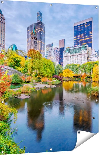Gards Tuinposter Kleurrijke Central Park tijdens de Herfst - 90x120 cm - Tuindoek - Tuindecoratie - Wanddecoratie buiten - Tuinschilderij