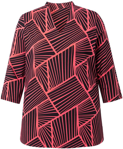 Ulla Popken - Dames - Shirt grafische print gobletkraag 3/4-mouwen - Koraal - Maat 42+