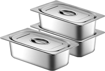 Bredden Set van 3 Stuks, Roestvrijstalen Container met Deksel voor Het Warmhouden van Voedsel, Perfect voor Breading en Weighing (32.5 x 17.5 x)