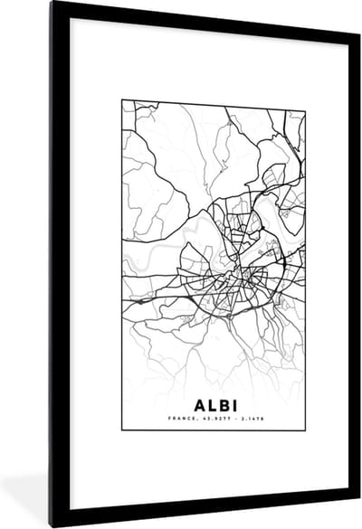 Fotolijst incl. Poster Zwart Wit- Stadskaart - Frankrijk - Kaart - Plattegrond - Albi - Zwart wit - 60x90 cm - Posterlijst
