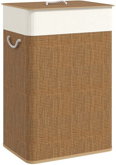 Solvix Wasmand – Wasmanden – Wasmand met Deksel – 72L Bamboe Wasmand – Met Uitneembare Waszak – Handgrepen – Voor Slaapkamer en Badkamer – 40×30×60 cm