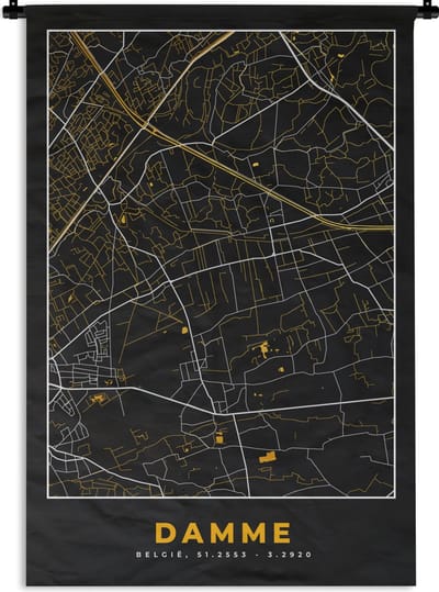 Wandkleed - Wanddoek - Plattegrond - Kaart - Damme - Goud - Stadskaart - 120x180 cm - Wandtapijt