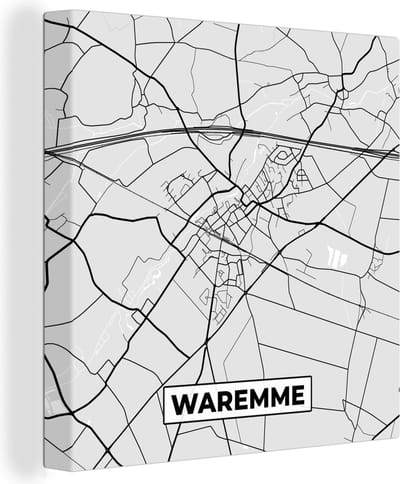 Canvas Schilderij België – Waremme – Stadskaart – Kaart – Zwart Wit – Plattegrond - 20x20 cm - Wanddecoratie