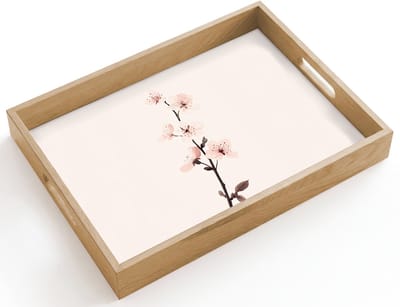 Dienblad hout 40x30 cm - Schootdienblad - Minimalistisch - Bloesem - Tak - Roze - Borrelplank rechthoek - Plateau dienbladen