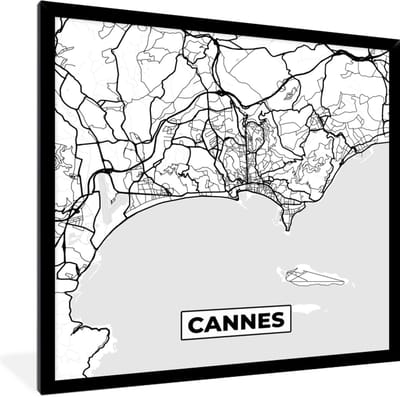 Fotolijst incl. Poster Zwart Wit- Frankrijk - Cannes - Kaart - Plattegrond - Stadskaart - Zwart wit - 40x40 cm - Posterlijst