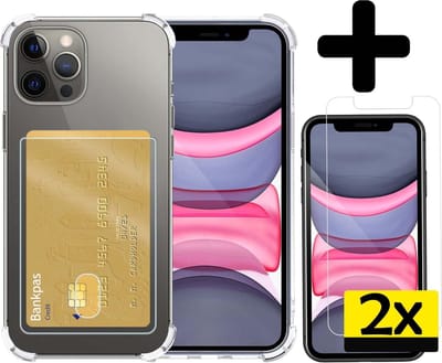 Hoesje - Geschikt voor Apple iPhone 11 Pro - Met 2x Screenprotector - Pashouder - Kaarthouder - Telefoon Hoes Shockproof - Siliconen Case - Back Cover - Shock Proof - Pasjes Houder - Telefoonhoesjes - Transparant