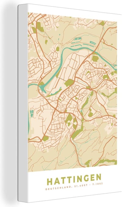 Canvas Schilderij Hattingen - Vintage - Plattegrond - Stadskaart - Kaart - 20x30 cm - Wanddecoratie