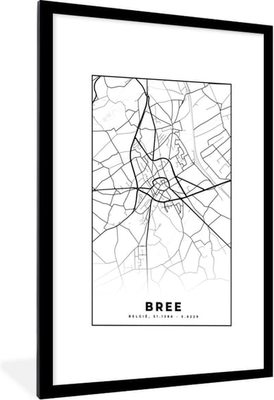 Fotolijst incl. Poster Zwart Wit- Stadskaart – Plattegrond – België – Zwart Wit – Bree – Kaart - 60x90 cm - Posterlijst