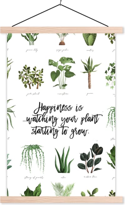 Posterhanger incl. Poster 40x60 cm - Schoolplaat - Spreuken - Happiness is... watching your plant starting to grow - Quotes - Textielposter - Blanke latten