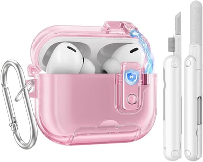 Beschermhoes voor AirPods Pro 3 (2025) met Veilige Sluiting, Anti-Vlek, Zachte TPU, Telefoonstandaard, Sleutelhanger en Reinigingsset, Doorzichtig Roze