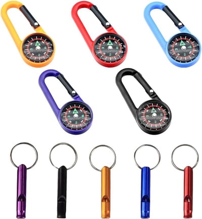 5-delige Carabiner Set met Kompas en Outdoor Fluitje voor Navigatie bij Kamperen en Wandelen in 5 Kleuren