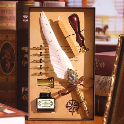 TEKROA® Kalligrafie Set - Kalligrafiepennen Set - "Witte Sterrenhemel" - Vintage Veren Pen met Inkt & 5 Penpunten - Compleet met Waszegel Stempelset - Uniek Cadeau voor Mannen & Vrouwen