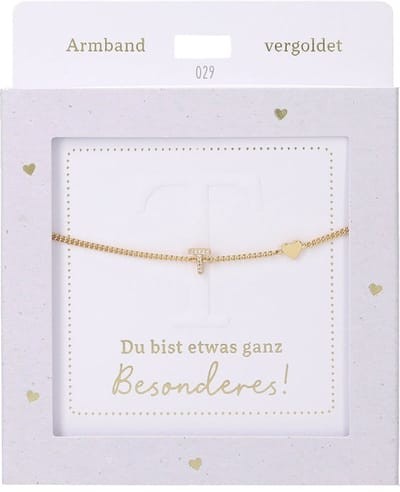 Depesche armband goud met T-hanger en hartje, cadeau voor meisjes.