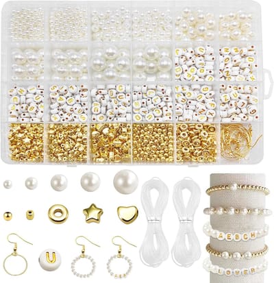 Famanu - Rijgkralen set 1140 stuks – Kunstparels, letterkralen en gouden spacers – Voor armbanden