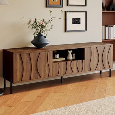 MEUNIQ TV-kast 160 x 35 x 46 cm met 3 deuren, open vak en kabeldoorvoer, MDF tv-meubel voor woonkamer, naturel