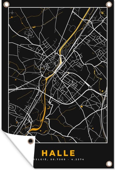 Muurdecoratie Halle - Kaart - Plattegrond - Black en gold - Stadskaart - 120x180 cm - Tuinposter - Tuindoek
