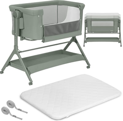 Lionelo Leonie Plus Co-Sleeper 3in1 – Aanschuifbed, Wieg & Vrijstaand Babybed vanaf Geboorte – 6 Hoogtestanden – Horizontale Schommelfunctie – T25 Matras – Wielen – Opbergmand – Wasbare Hoezen